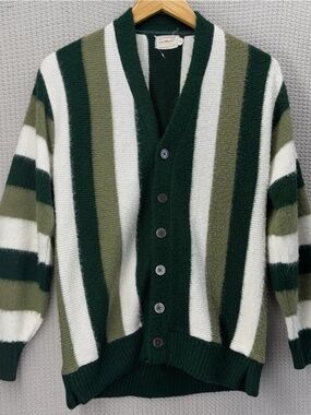 Vtg 60s Brent Montgomery Ward Cardigan Sweater Men S Green Striped Mohair Wool